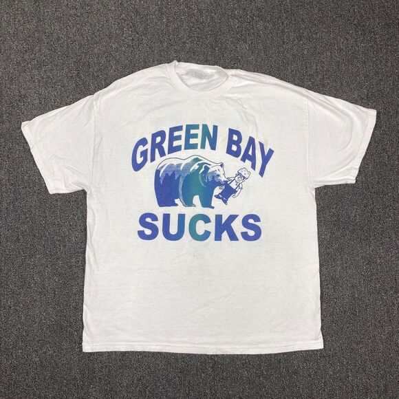Green Bay Sucks Brett Favre Swallows White Short Sleeve NFL Shirt Size XL - Picture 1 of 6